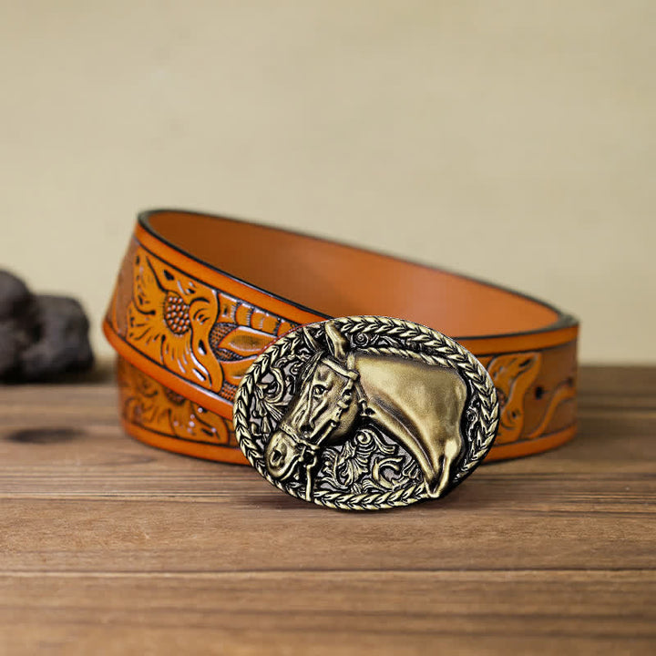 Cintura in pelle con fibbia a testa di cavallo incisa fai da te da uomo - Bronzo antico - Cintura intagliata arancione (40) - image 24