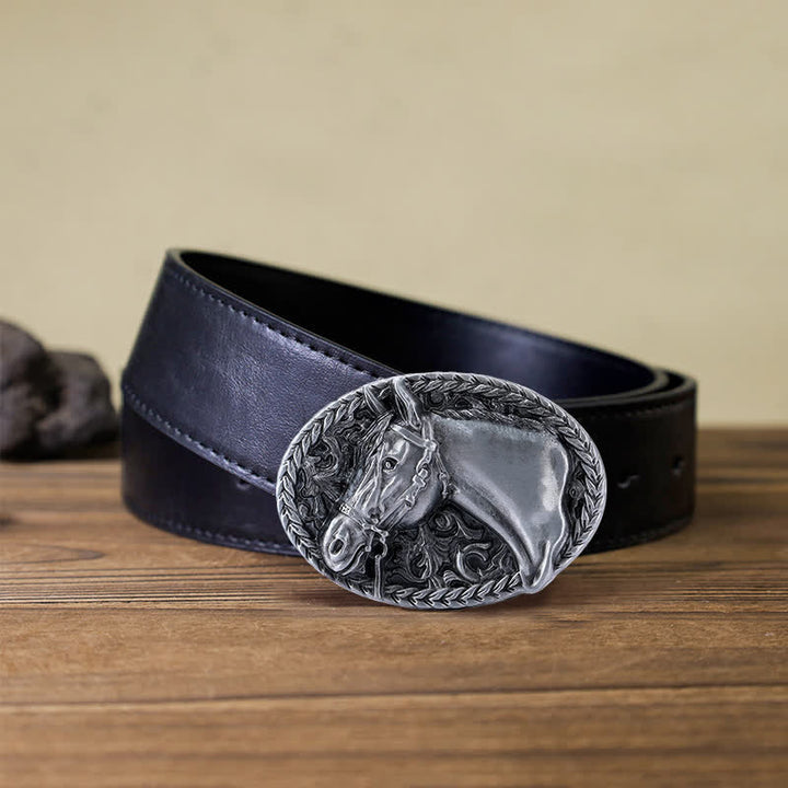 Cintura in pelle con fibbia a testa di cavallo incisa fai da te da uomo - Argento antico - Cintura PU nera (40) - image 7