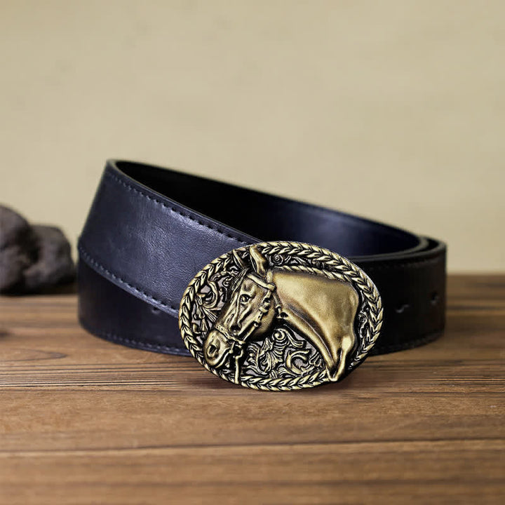 Cintura in pelle con fibbia a testa di cavallo incisa fai da te da uomo - Bronzo antico - Cintura PU nera (40) - image 6