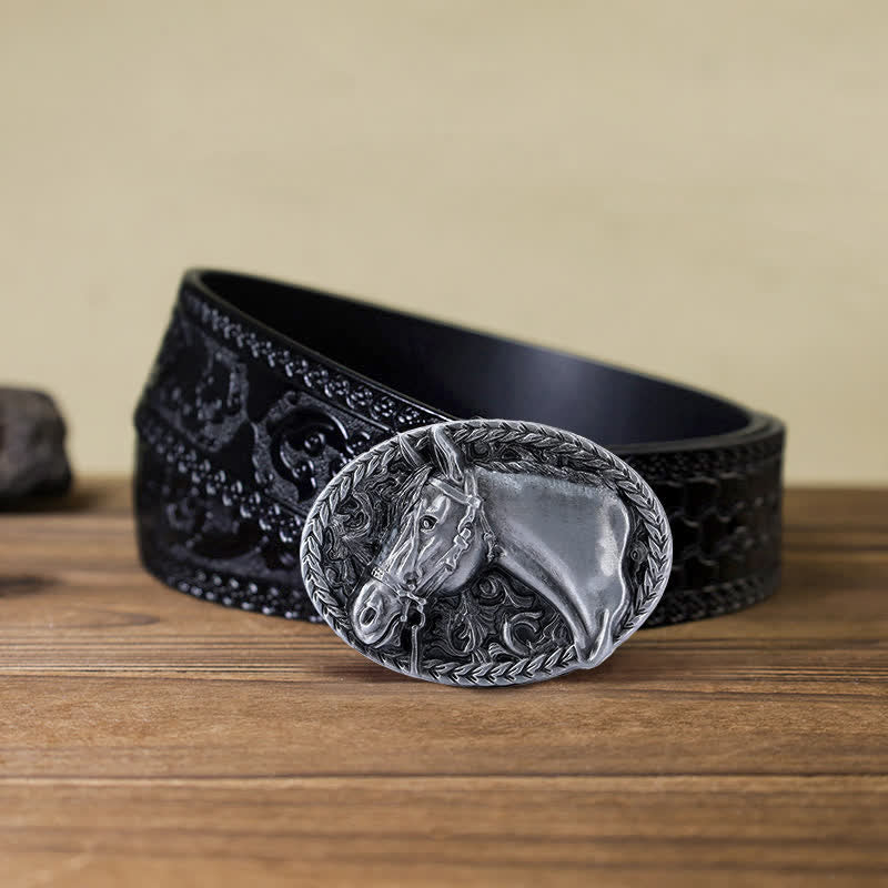 Cintura in pelle con fibbia a testa di cavallo incisa fai da te da uomo - Argento antico - Cintura nera intagliata (40) - image 16
