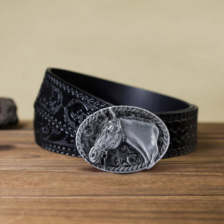 Cintura in pelle con fibbia a testa di cavallo incisa fai da te da uomo - Argento antico - Cintura nera intagliata (40) - image 16