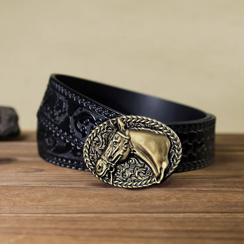 Cintura in pelle con fibbia a testa di cavallo incisa fai da te da uomo - Bronzo antico - Cintura nera intagliata (40) - image 15