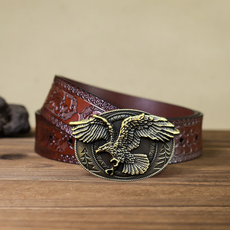 Cintura in pelle con fibbia a forma di aquila calva volante fai da te da uomo - Bronzo antico - Cintura marrone intagliata (40) - image 17