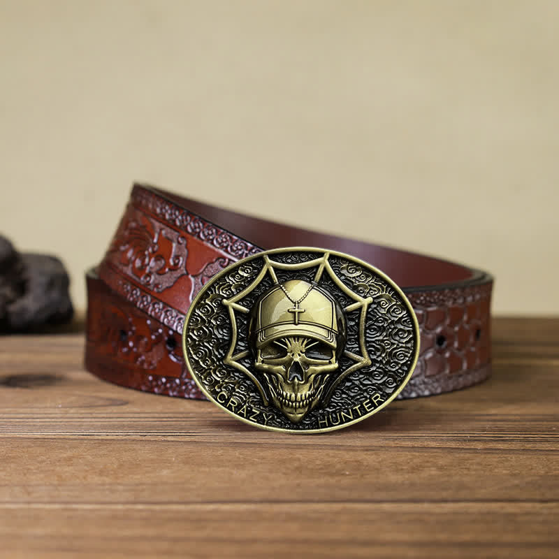 Cintura in pelle con fibbia a teschio Crazy Hunter fai da te da uomo - Bronzo antico - Cintura marrone intagliata (40) - image 17