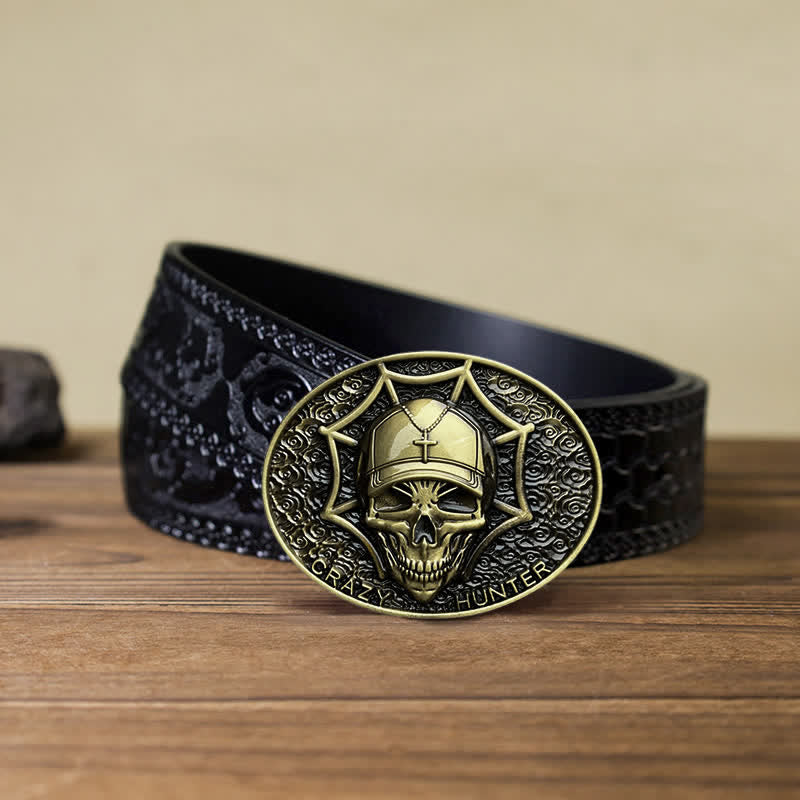 Cintura in pelle con fibbia a teschio Crazy Hunter fai da te da uomo - Bronzo antico - Cintura nera intagliata (40) - image 14