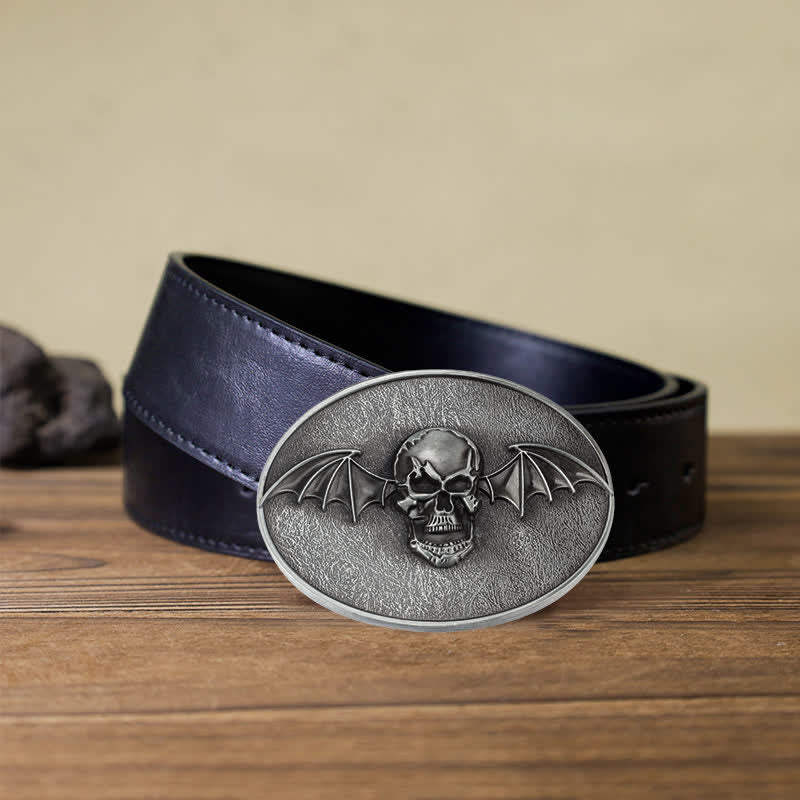 Cintura in pelle con fibbia a teschio con ali di pipistrello punk fai da te da uomo - Cranio - Cintura PU nera (40) - image 4