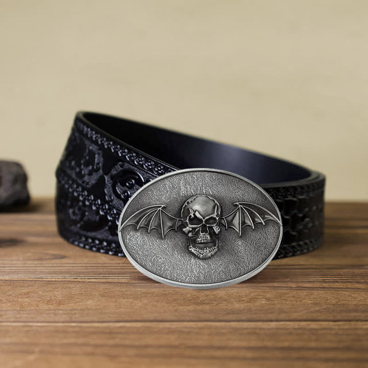 Cintura in pelle con fibbia a teschio con ali di pipistrello punk fai da te da uomo - Cranio - Cintura nera intagliata (40) - image 10