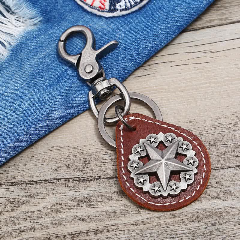 Portachiavi in pelle con ciondolo medaglione Lone Star - Marrone - image 1