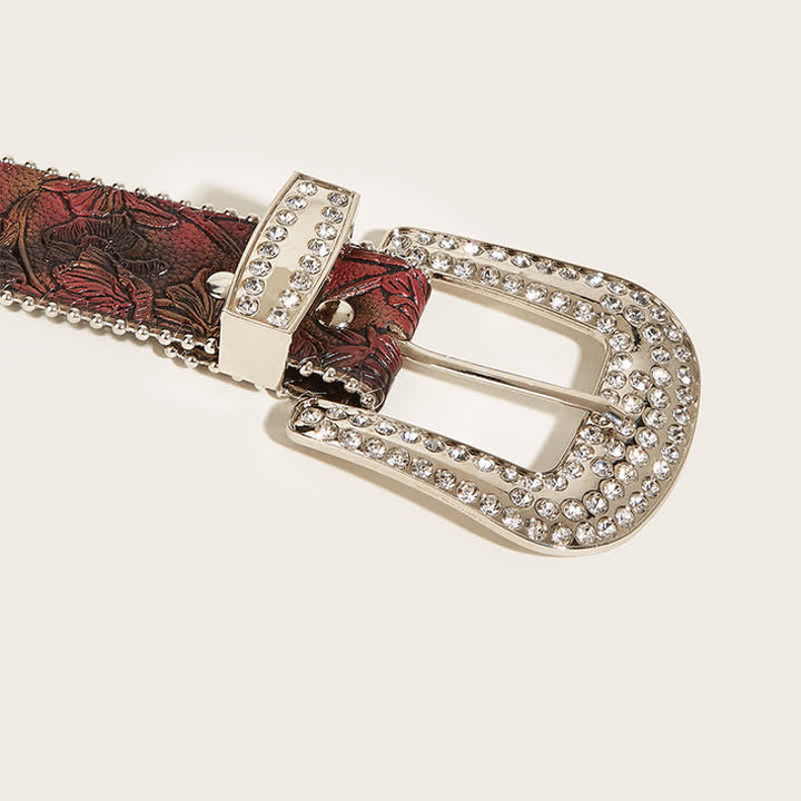 Cintura in pelle con strass in rilievo floreale marrone da donna