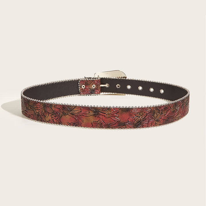 Cintura in pelle con strass in rilievo floreale marrone da donna