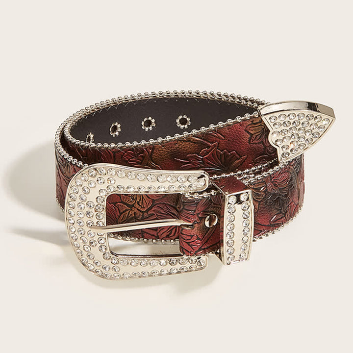 Cintura in pelle con strass in rilievo floreale marrone da donna