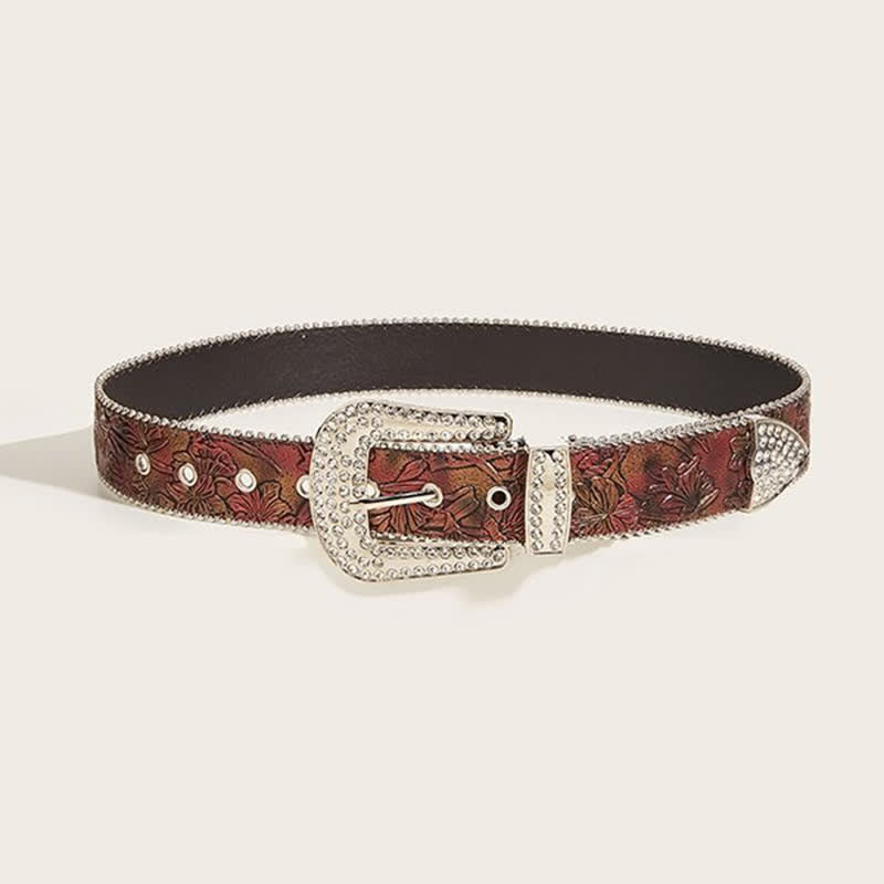 Cintura in pelle con strass in rilievo floreale marrone da donna