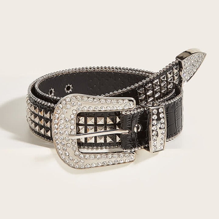 Cintura in pelle con rivetti e strass a catena perline da donna