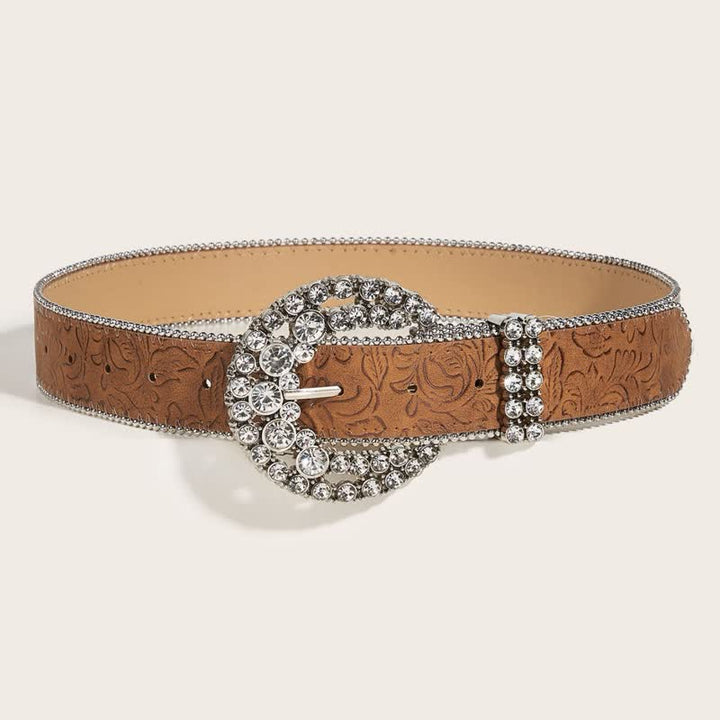 Cintura in pelle con fibbia rotonda in strass da donna e bordo perlinato