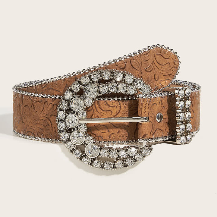 Cintura in pelle con fibbia rotonda in strass da donna e bordo perlinato