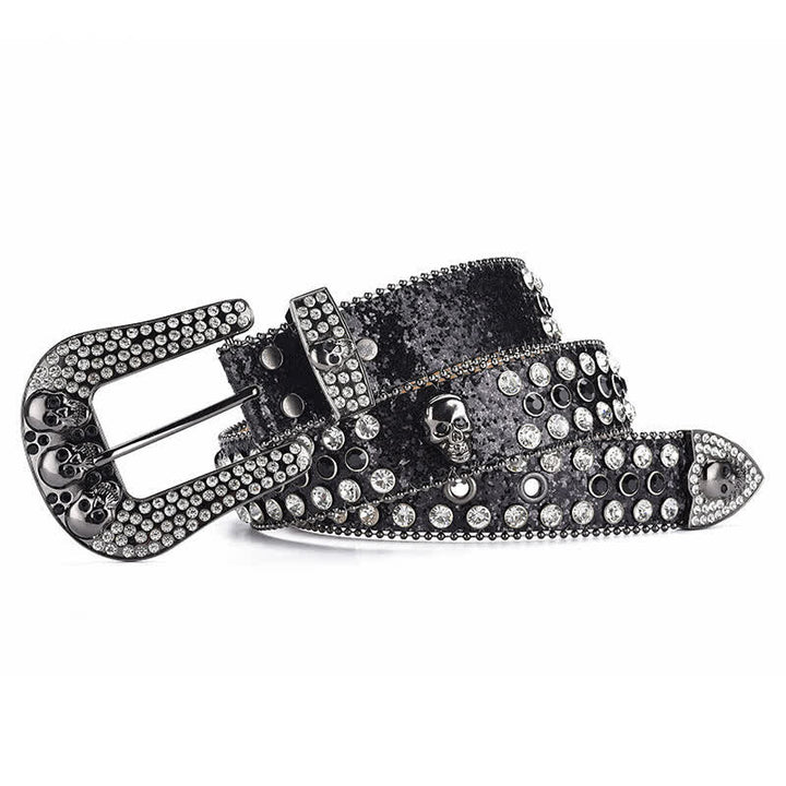 Cintura in pelle con fibbia a teschio punk da donna e bordo con perline
