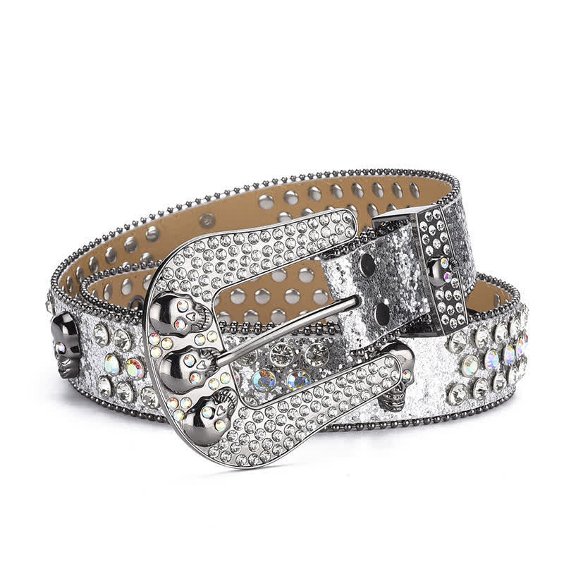 Cintura in pelle con fibbia a teschio punk da donna e bordo con perline - Argento - 40 - image 20