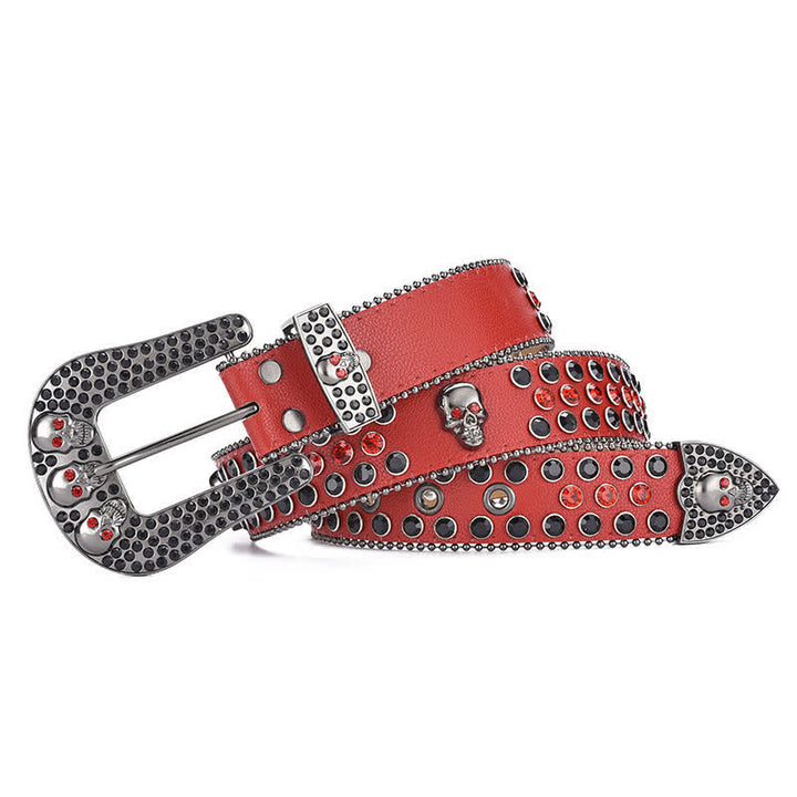 Cintura in pelle con fibbia a teschio punk da donna e bordo con perline