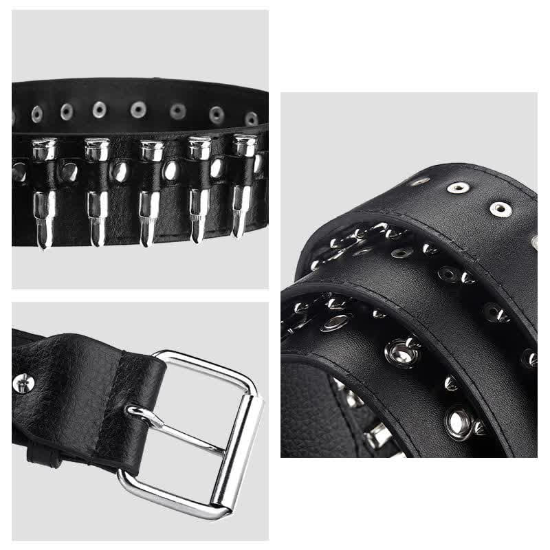 Cintura in pelle con borchie e rivetti con proiettili punk rock neri - image 4