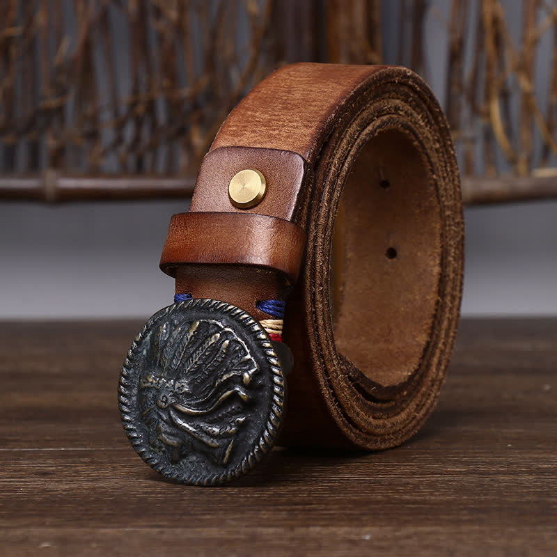 Cintura da uomo in pelle con testa indiana invecchiata vintage