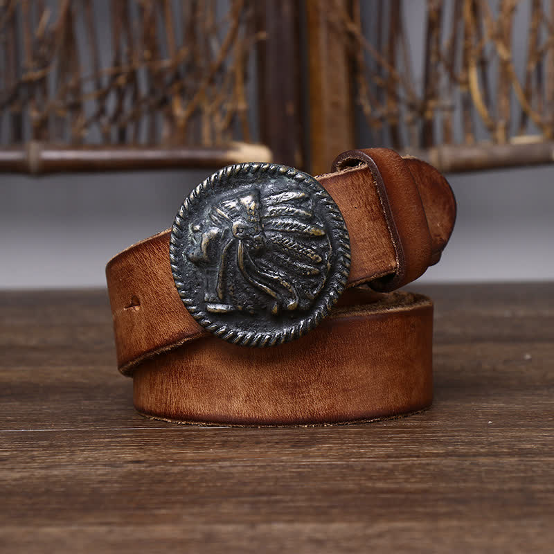 Cintura da uomo in pelle con testa indiana invecchiata vintage
