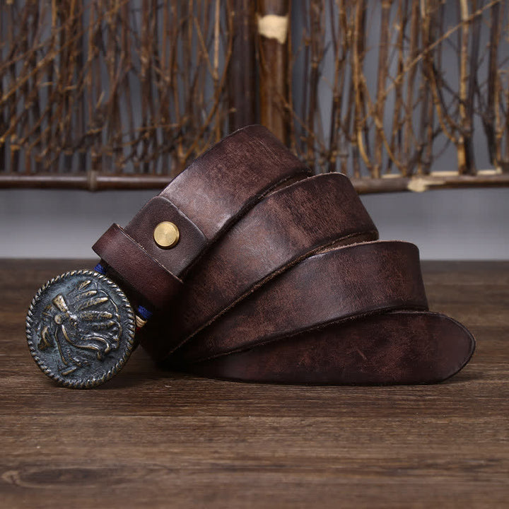 Cintura da uomo in pelle con testa indiana invecchiata vintage