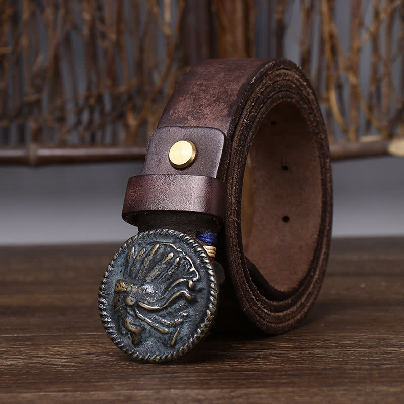 Cintura da uomo in pelle con testa indiana invecchiata vintage
