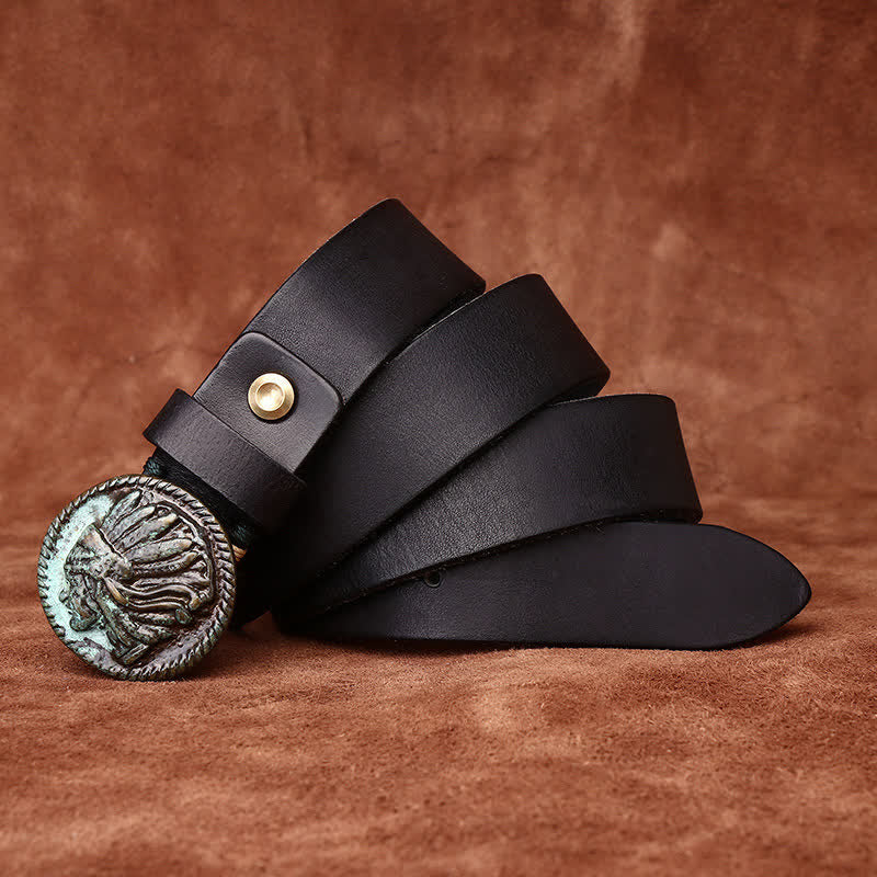Cintura da uomo in pelle con testa indiana invecchiata vintage