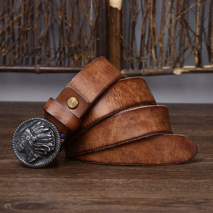 Cintura da uomo in pelle con testa indiana invecchiata vintage
