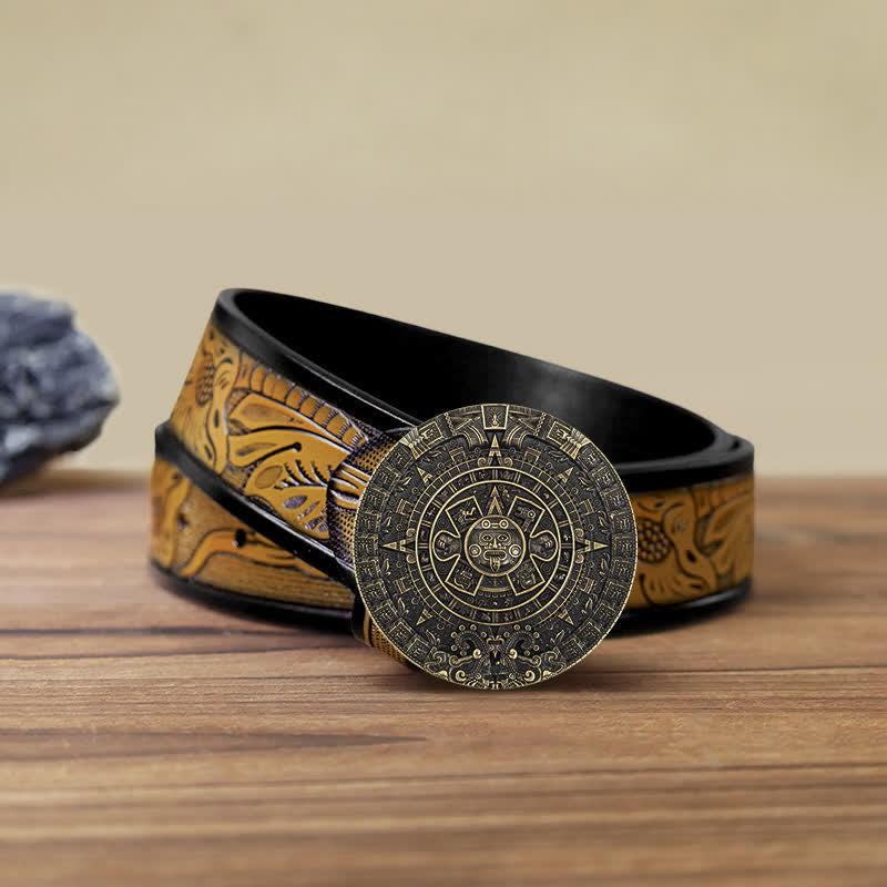 Cintura in pelle con fibbia rotonda grande azteca maya fai da te da uomo