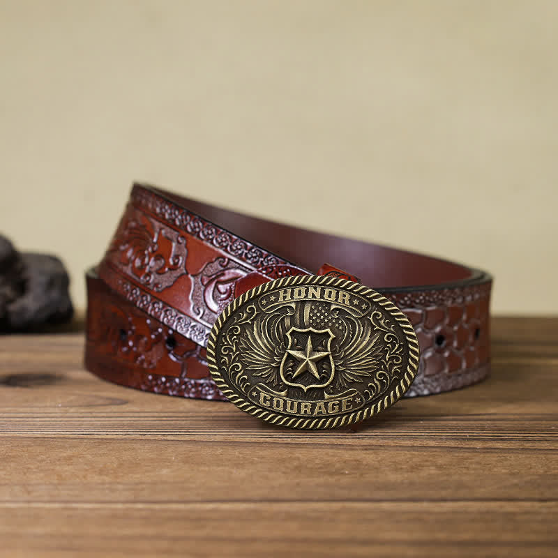 Cintura in pelle con fibbia ad ali d'aquila fai da te Honor Courage da uomo - Bronzo antico - Cintura marrone intagliata (40) - image 13