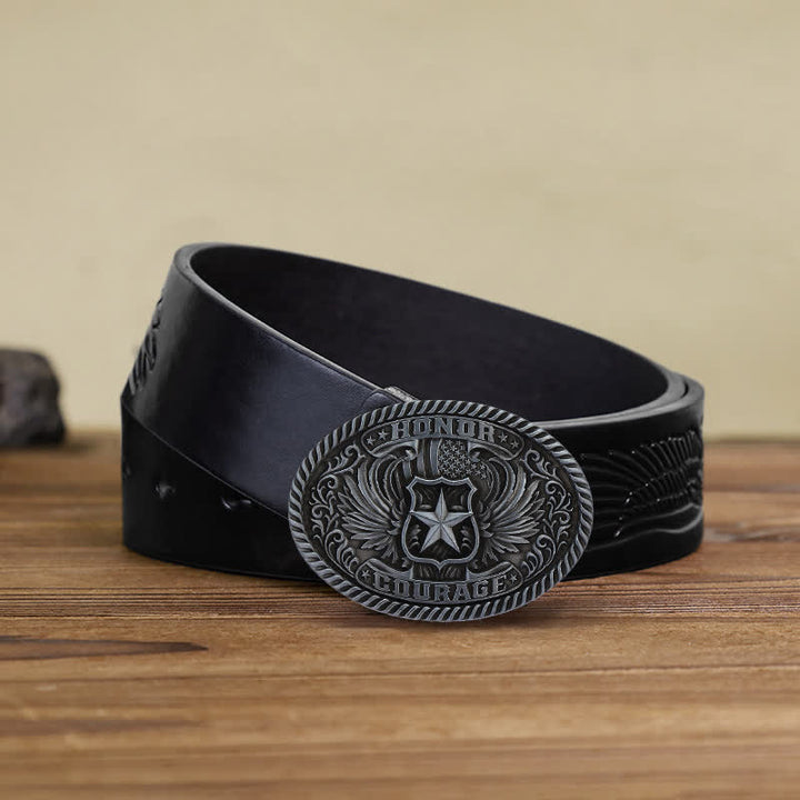 Cintura in pelle con fibbia ad ali d'aquila fai da te Honor Courage da uomo - Argento antico - Cintura aquila in rilievo nera (40) - image 8