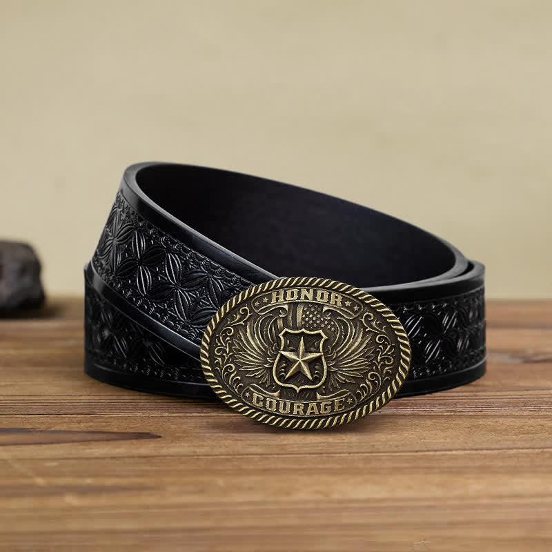 Cintura in pelle con fibbia ad ali d'aquila fai da te Honor Courage da uomo - Bronzo antico - Cintura in tessuto goffrato nero (40) - image 9