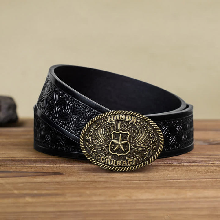 Cintura in pelle con fibbia ad ali d'aquila fai da te Honor Courage da uomo - Bronzo antico - Cintura in tessuto goffrato nero (40) - image 9