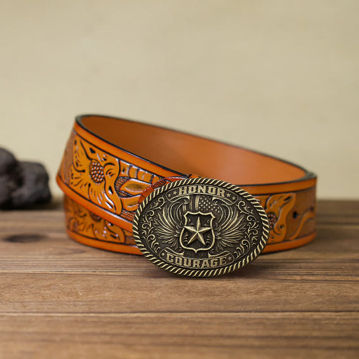 Cintura in pelle con fibbia ad ali d'aquila fai da te Honor Courage da uomo - Bronzo antico - Cintura intagliata arancione (40) - image 17