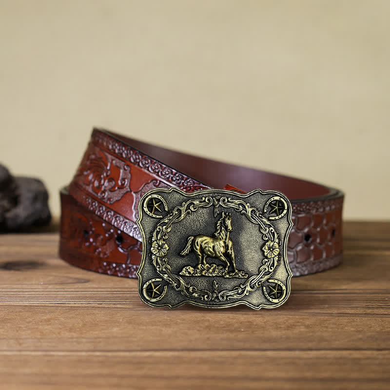 Cintura in pelle con fibbia a forma di cavallo da corsa selvaggio fai da te da uomo - Bronzo antico - Cintura marrone intagliata (40) - image 13