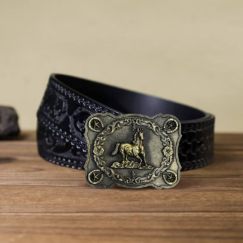 Cintura in pelle con fibbia a forma di cavallo da corsa selvaggio fai da te da uomo - Bronzo antico - Cintura nera intagliata (40) - image 11
