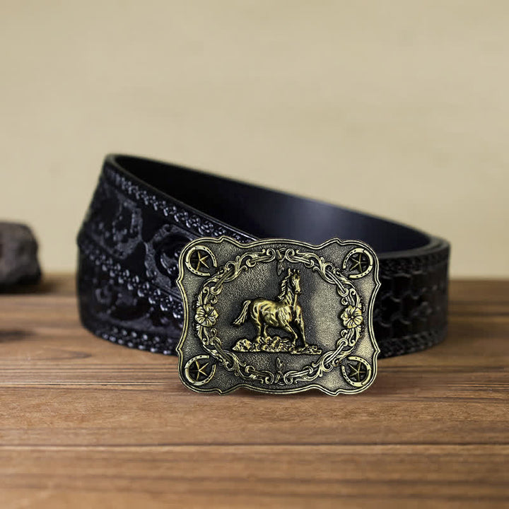 Cintura in pelle con fibbia a forma di cavallo da corsa selvaggio fai da te da uomo - Bronzo antico - Cintura nera intagliata (40) - image 11