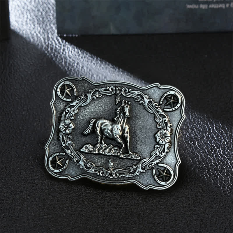 Cintura in pelle con fibbia a forma di cavallo da corsa selvaggio fai da te da uomo - Argento antico - Senza cintura - image 0