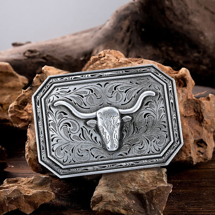 Cintura in pelle fai da te semplice con fibbia a testa di toro Longhorn da uomo