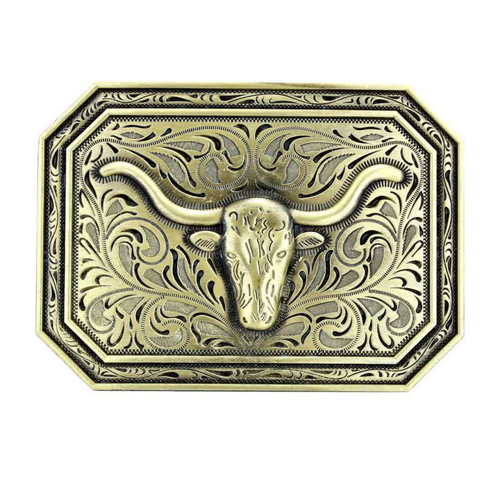 Cintura in pelle fai da te semplice con fibbia a testa di toro Longhorn da uomo