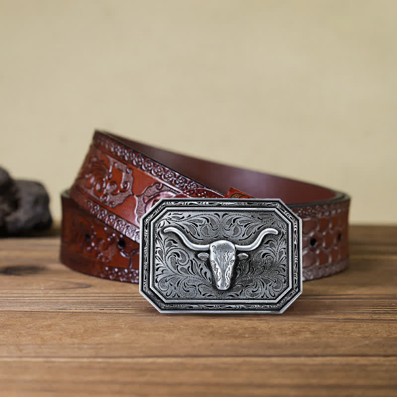 Cintura in pelle fai da te semplice con fibbia a testa di toro Longhorn da uomo