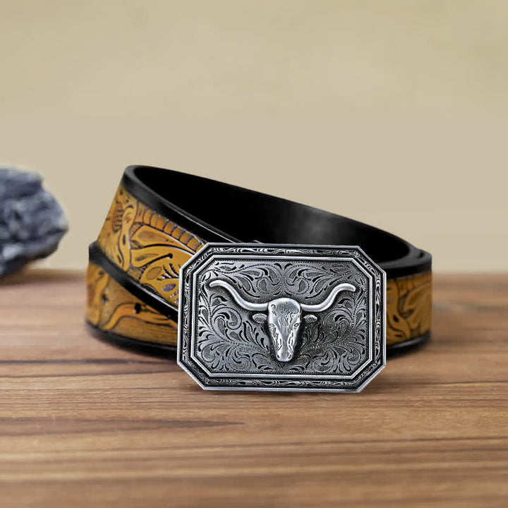 Cintura in pelle fai da te semplice con fibbia a testa di toro Longhorn da uomo