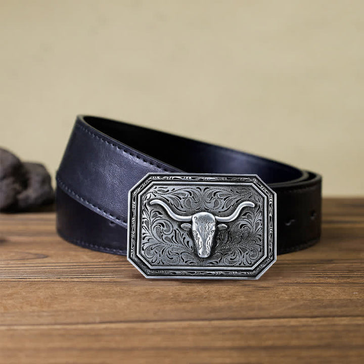 Cintura in pelle fai da te semplice con fibbia a testa di toro Longhorn da uomo