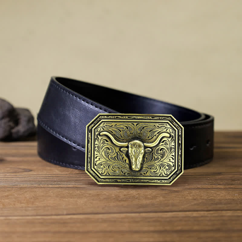Cintura in pelle fai da te semplice con fibbia a testa di toro Longhorn da uomo
