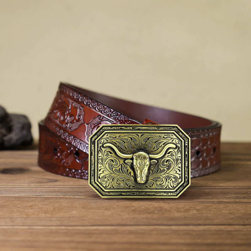 Cintura in pelle fai da te semplice con fibbia a testa di toro Longhorn da uomo