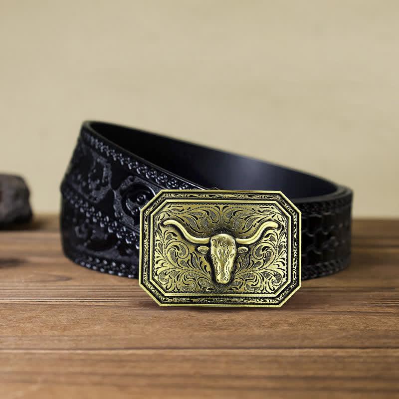 Cintura in pelle fai da te semplice con fibbia a testa di toro Longhorn da uomo