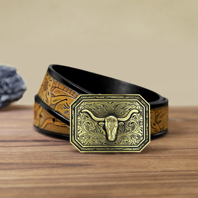 Cintura in pelle fai da te semplice con fibbia a testa di toro Longhorn da uomo