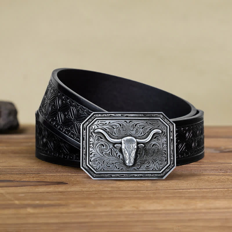 Cintura in pelle fai da te semplice con fibbia a testa di toro Longhorn da uomo