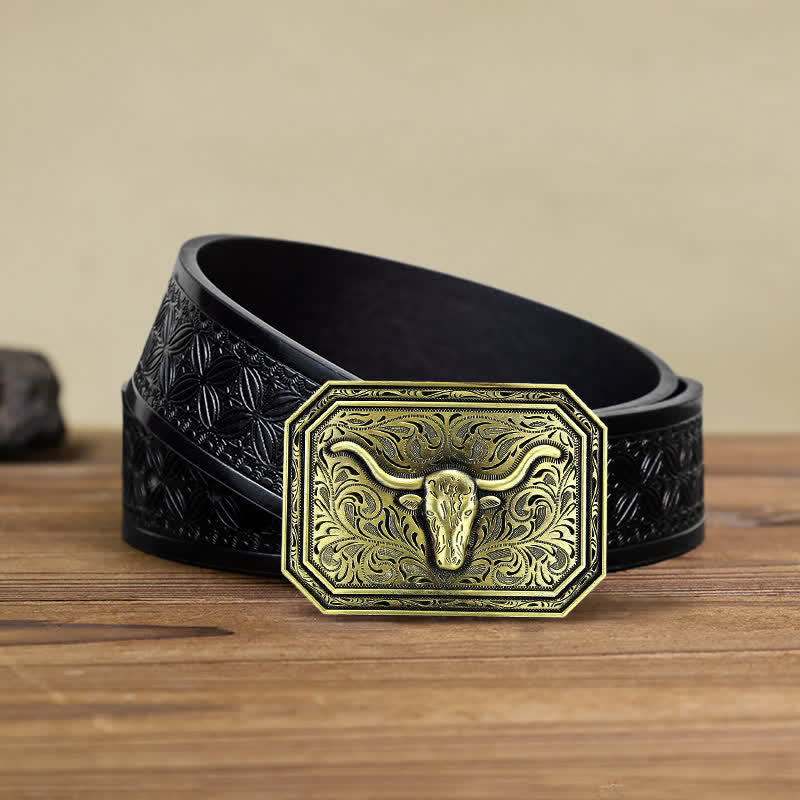 Cintura in pelle fai da te semplice con fibbia a testa di toro Longhorn da uomo